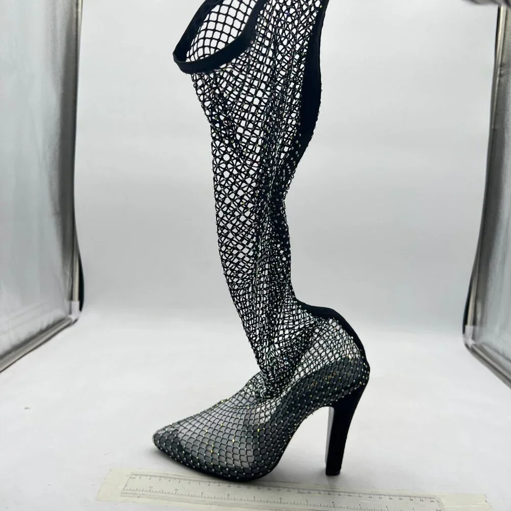 FSJ Black Diamante Fish Net Sexy High Heel Long Boots